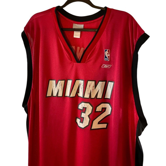 Reebok Miami Heat Mens 2XL Shaquille O'Neal 32 Red Jersey NBA Black Team Apparel - Picture 9 of 12